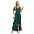 Short Sleeves Sequin High Low V-Neck Midi Formal Evening Dress