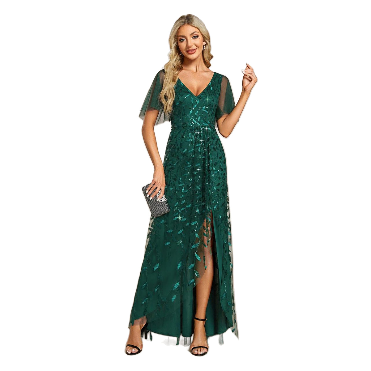 Short Sleeves Sequin High Low V-Neck Midi Formal Evening Dress
