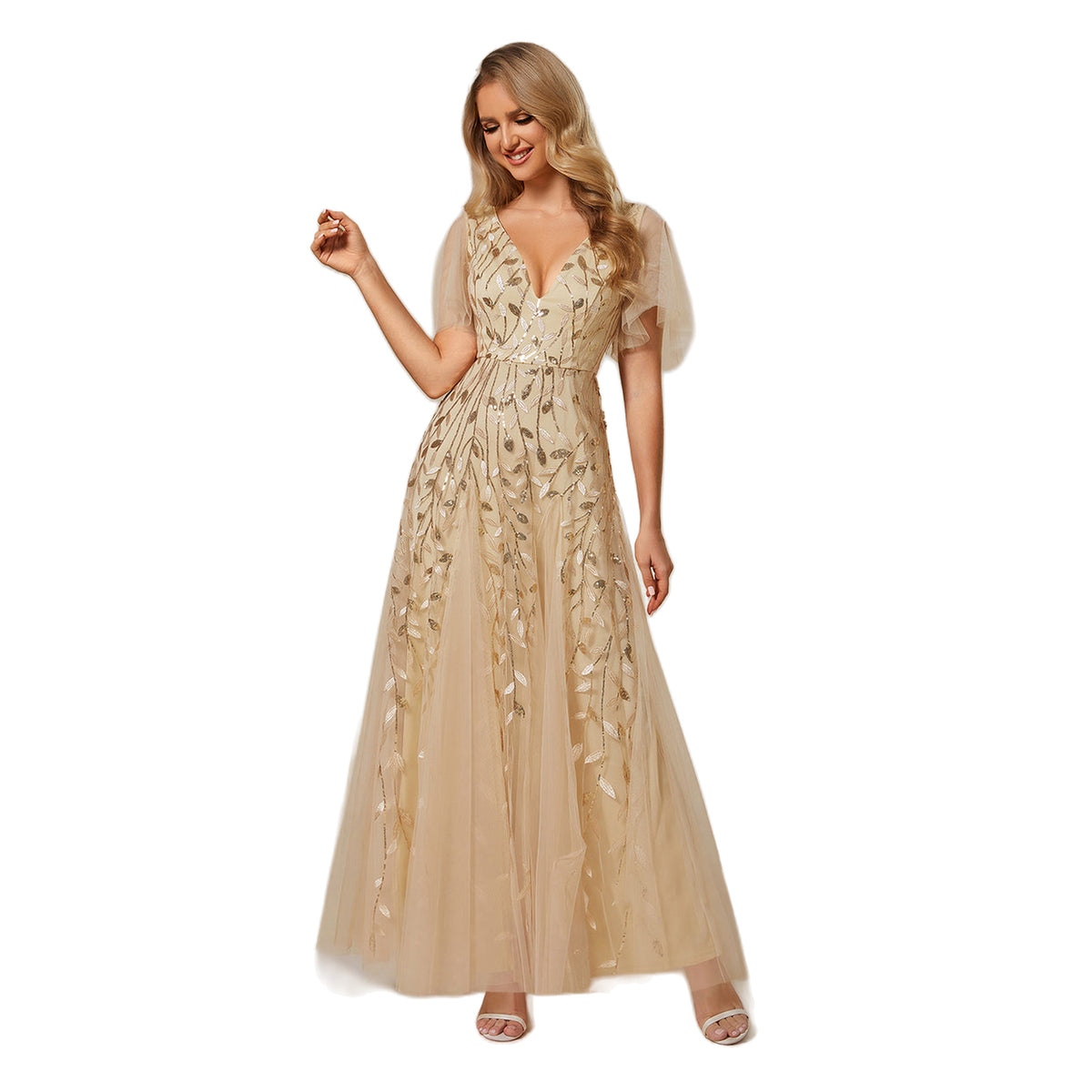 Shimmery Ruffle Sleeves Maxi Sequin Evening Dress