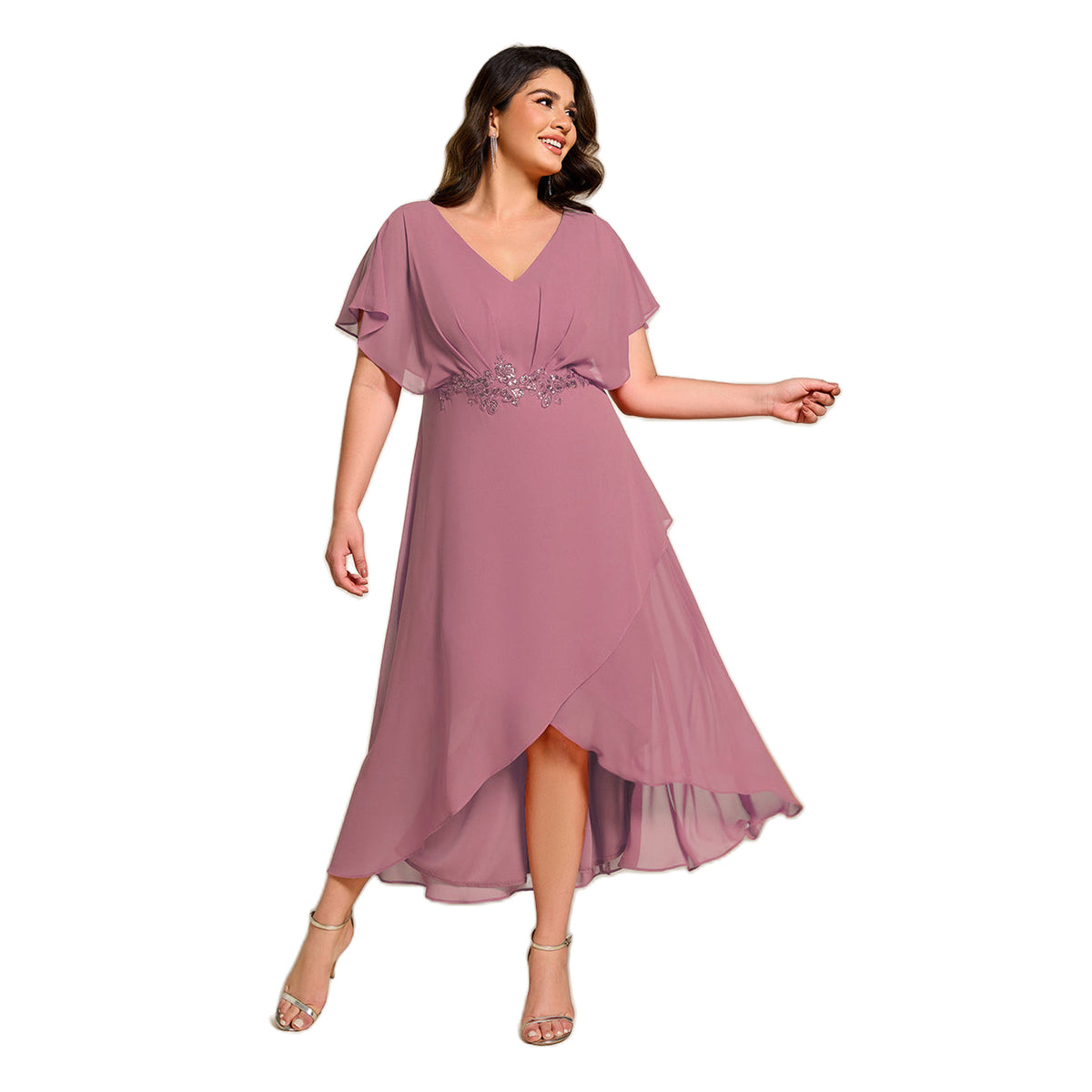 Plus Size V-Neck Chiffon Bat-Wing Sleeve A-Line Waist Applique Formal Dress