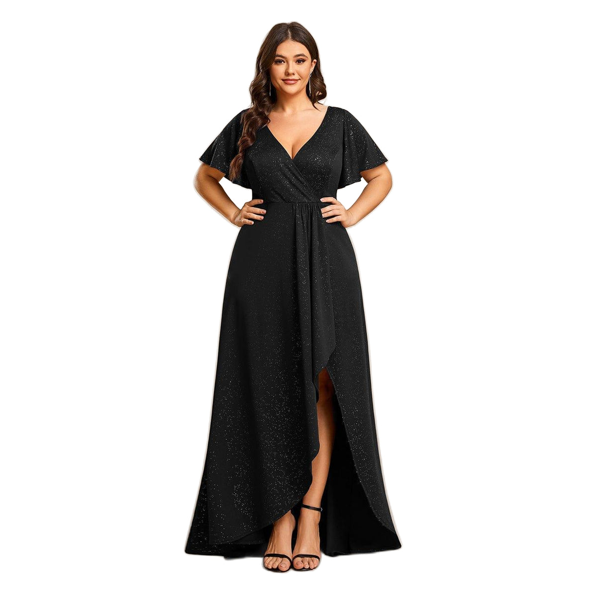 Plus Size Glitter Ruffled High-Low Front Slit Evening Dress