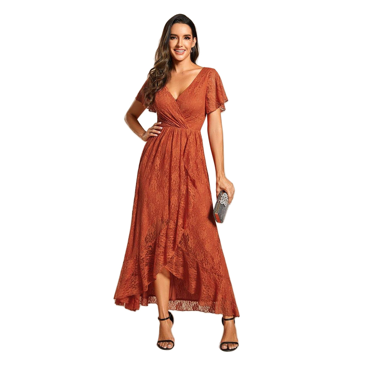 Pleated V-Neck Lace Formal Evening Dress