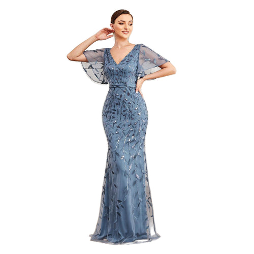 Gorgeous V Neck Leaf-Sequined Fishtail Party Dress