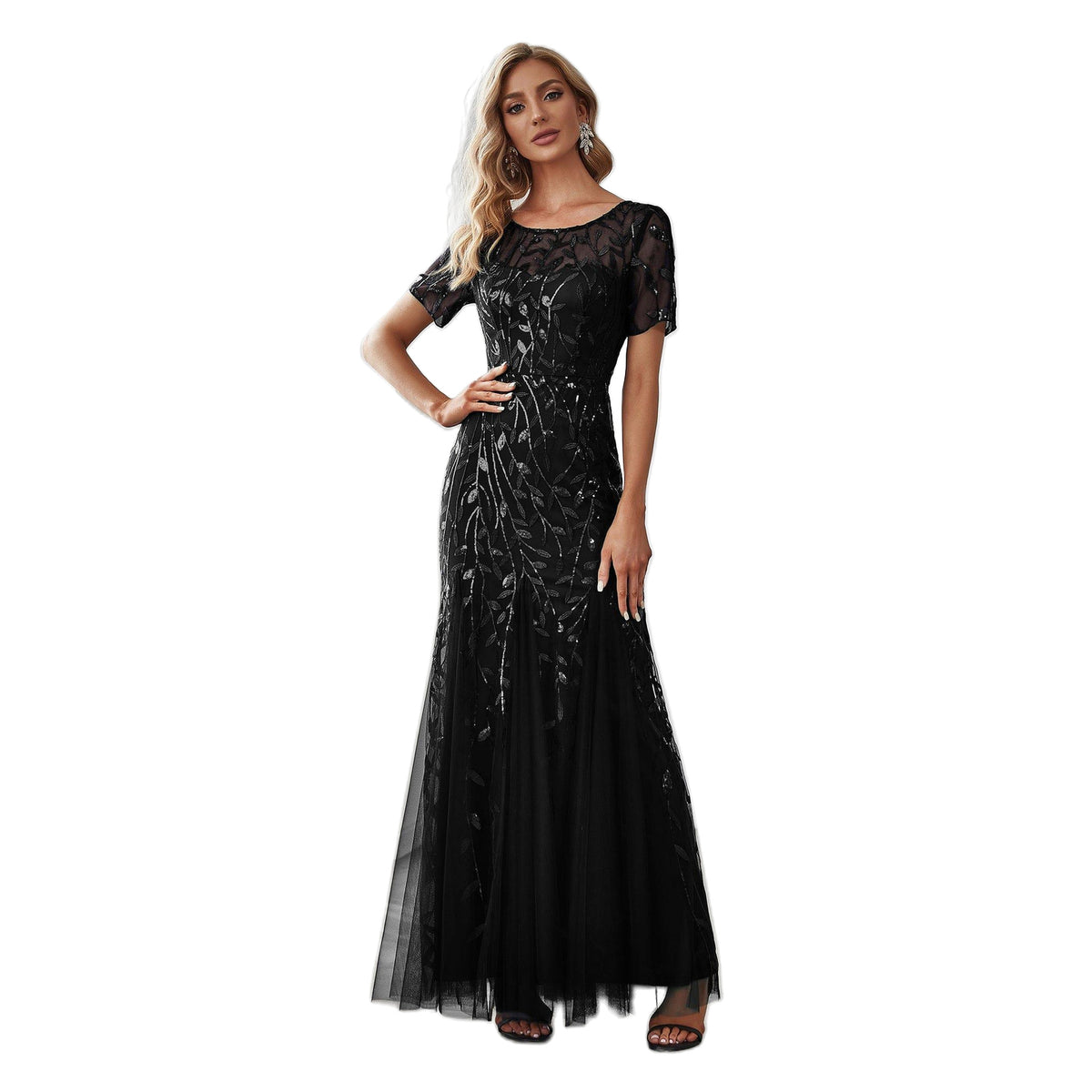 Floral Sequin Maxi Fishtail Tulle Formal Evening Dress with Short Sleeve