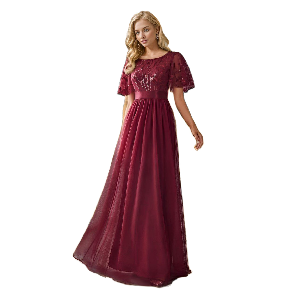 Women's A-Line Sequin Leaf Maxi Prom Dress with Sleeves