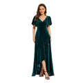 Double V-Neck Short Sleeves Stretchy Velvet Evening Dress with Lotus Leaf Hem
