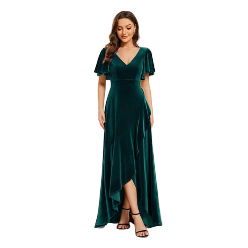 Double V-Neck Short Sleeves Stretchy Velvet Evening Dress with Lotus Leaf Hem