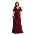Ruffles Sleeve A-Line Chiffon Waist Applique Maxi Formal Evening Dress