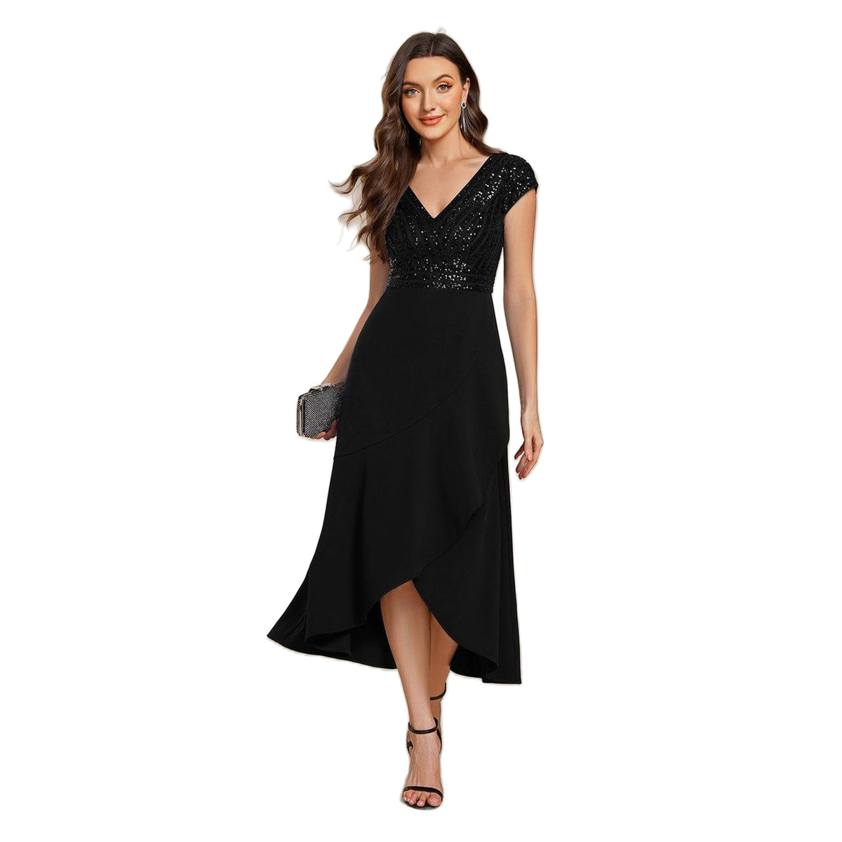 Short Sleeve V-Neck Midi Sequin Formal Dress